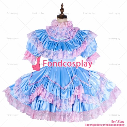 fondcosplay adult sexy cross dressing sissy maid short lockable baby blue Satin Uniform cosplay costume CD/TV[G1992]