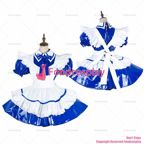 Fondcosplay Adult Sexy Cross Dressing Sissy Maid Short Blue Satin Dress Lockable Uniform White