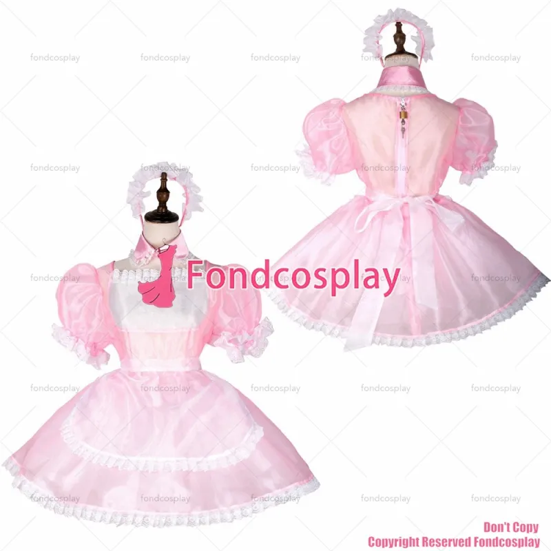 fondcosplay adult sexy cross dressing sissy maid short baby pink Organza lockable dress apron costume CD/TV[G1781]