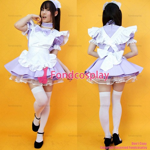 fondcosplay adult sexy cross dressing sissy maid short lilac cotton dress lockable Uniform white apron CD/TV[G2222]