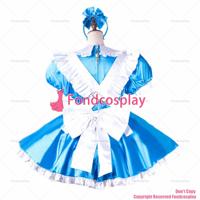 fondcosplay adult sexy cross dressing sissy maid short blue satin dress lockable Uniform white apron costume CD/TV[G2202]