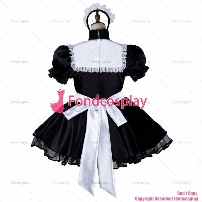fondcosplay adult sexy cross dressing sissy maid short black satin dress lockable Uniform white apron costume CD/TV[G2173]