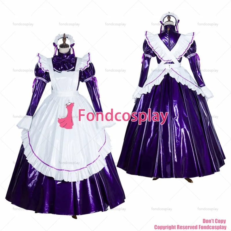 fondcosplay adult sexy cross dressing sissy maid long lockable Purple thin PVC dress Uniform white apron CD/TV[G1750]