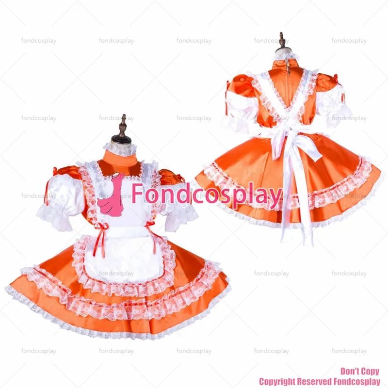 fondcosplay adult sexy cross dressing sissy maid short Orange satin dress lockable white apron Uniform CD/TV[G2038]
