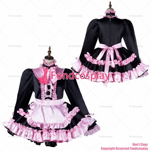 fondcosplay adult sexy cross dressing sissy maid short black pink Frills satin dress lockable Uniform costume CD/TV[G2169]