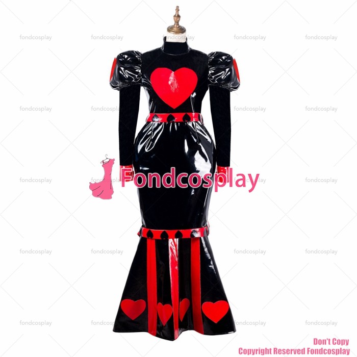 fondcosplay adult sexy cross dressing sissy maid long black heavy pvc dress lockable Uniform Heart Fish tail CD/TV[G2178]