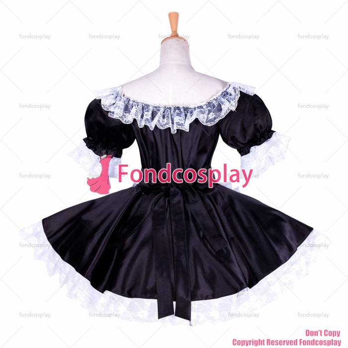 fondcosplay adult sexy cross dressing sissy maid short black satin lockable dress Uniform apron costume CD/TV[G1758]