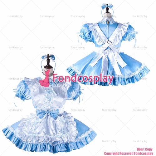 fondcosplay adult sexy cross dressing sissy maid baby blue satin dress lockable Uniform white apron costume CD/TV[G2221]