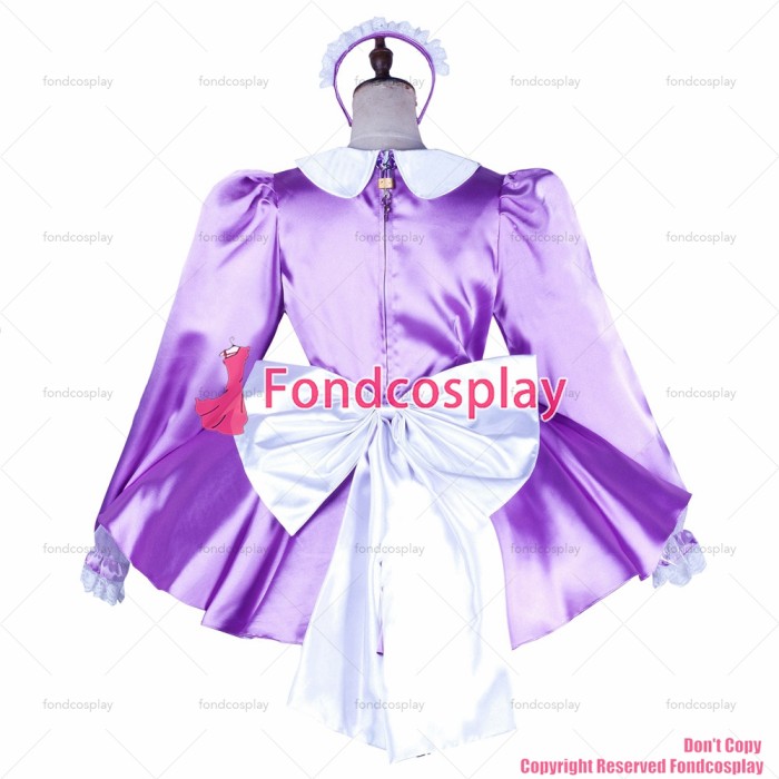 fondcosplay cross dressing sissy maid short Lilac satin dress lockable Uniform white apron Peter Pan collar CD/TV[G2036]