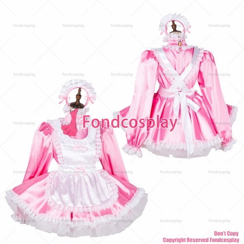 fondcosplay adult sexy cross dressing sissy maid short lockable pink satin dress Uniform white apron costume CD/TV[G1789]