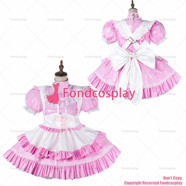 fondcosplay adult sexy cross dressing sissy maid baby pink thin pvc dress lockable Uniform white apron CD/TV[G2149]