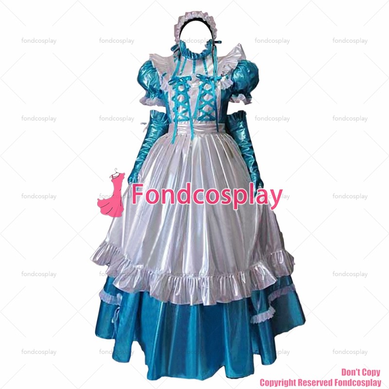 fondcosplay adult sexy cross dressing sissy maid long lockable blue thin PVC Dress vinyl Uniform white apron CD/TV[G1635]