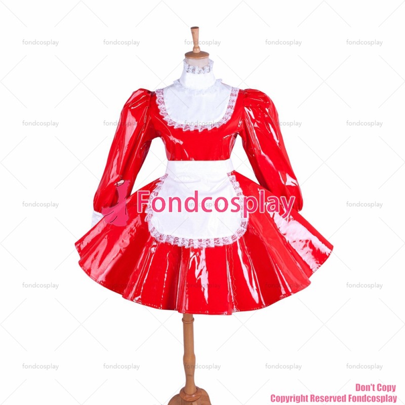 fondcosplay adult sexy cross dressing sissy maid short red heavy PVC lockable dress vinyl Uniform white apron CD/TV[G1544]