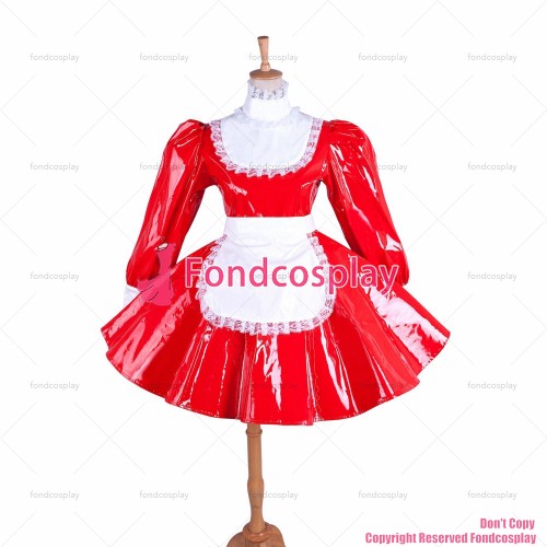 fondcosplay adult sexy cross dressing sissy maid short red heavy PVC lockable dress vinyl Uniform white apron CD/TV[G1544]