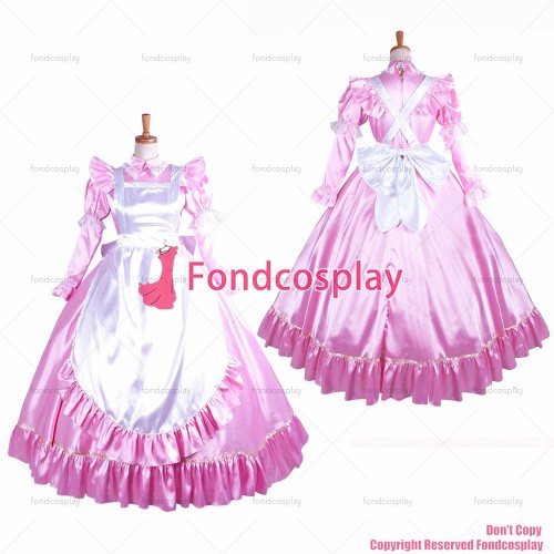 fondcosplay adult sexy cross dressing sissy maid long Satin baby Pink Dress Lockable Uniform white apron CD/TV[G1406]
