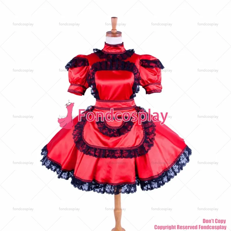 fondcosplay adult sexy cross dressing sissy maid short lockable red Satin dress Uniform apron costume CD/TV[G1592]