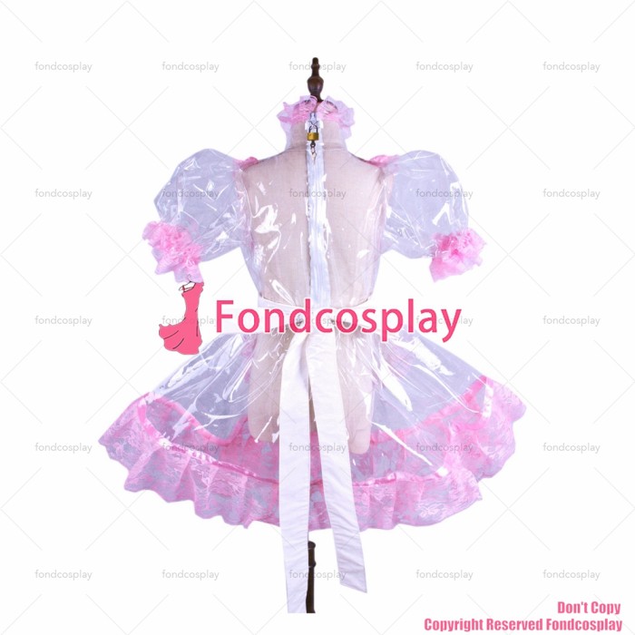 fondcosplay adult sexy cross dressing sissy maid Clear PVC lockable dress TPU white apron pink lace Uniform CD/TV[G1502]