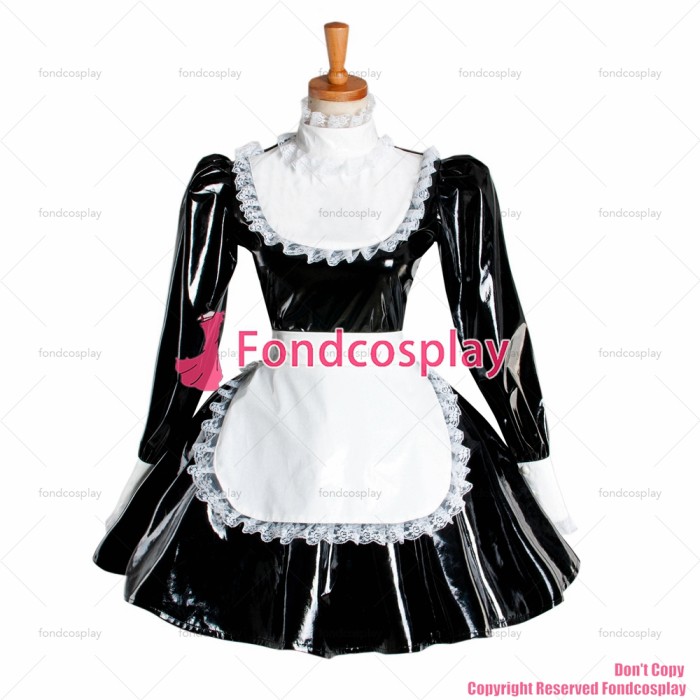 fondcosplay adult sexy cross dressing sissy maid short black heavy PVC lockable Dress vinyl white apron Uniform CD/TV[G1051]