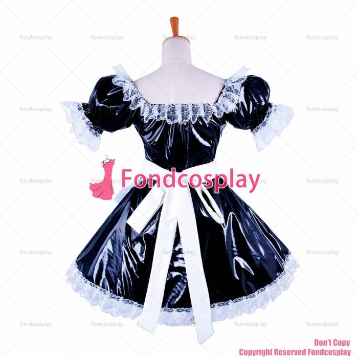 fondcosplay adult sexy cross dressing sissy maid short Black heavy Pvc Dress Uniform white apron Costume CD/TV[G1341]