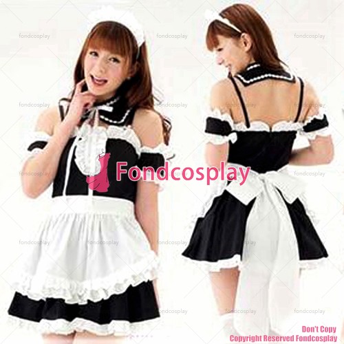 fondcosplay adult sexy cross dressing sissy maid short lockable black cotton dress white apron uniform CD/TV [G1617]