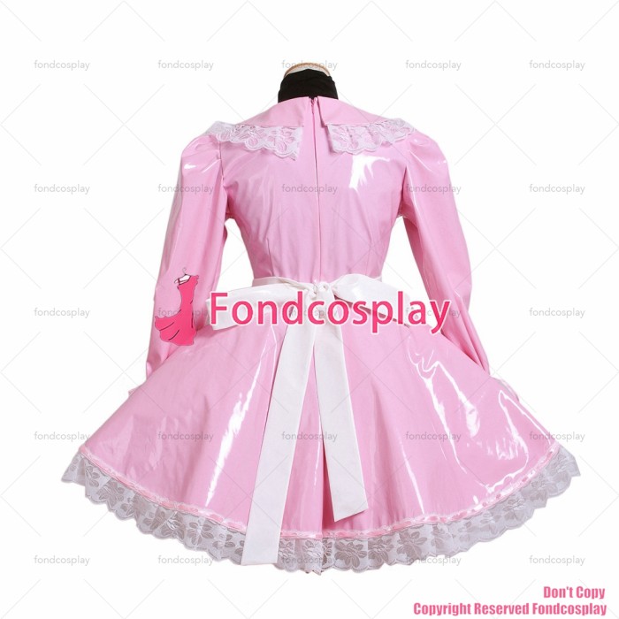 fondcosplay adult sexy cross dressing sissy maid lockable baby pink heavy PVC dress Uniform white apron CD/TV[G1568]