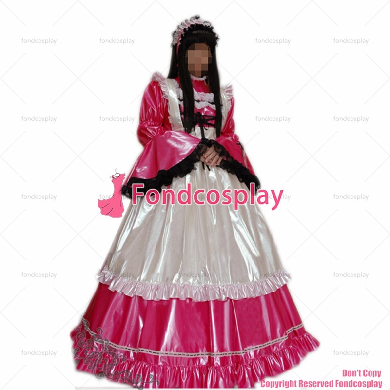 fondcosplay adult sexy cross dressing sissy maid lockable hot pink thin PVC Dress vinyl Uniform white apron CD/TV[G1636]
