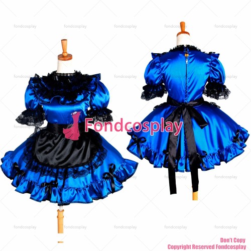 fondcosplay adult sexy cross dressing sissy maid short lockable blue Satin Dress Uniform black apron costume CD/TV[G1267]