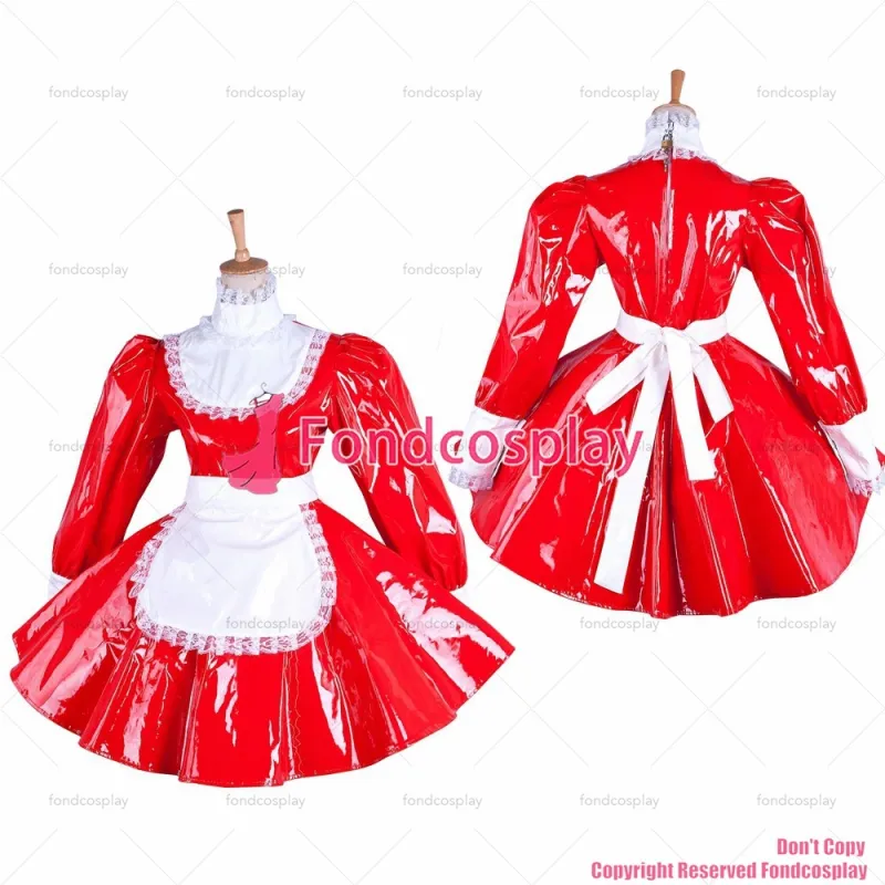 fondcosplay adult sexy cross dressing sissy maid short red heavy PVC lockable dress vinyl Uniform white apron CD/TV[G1544]