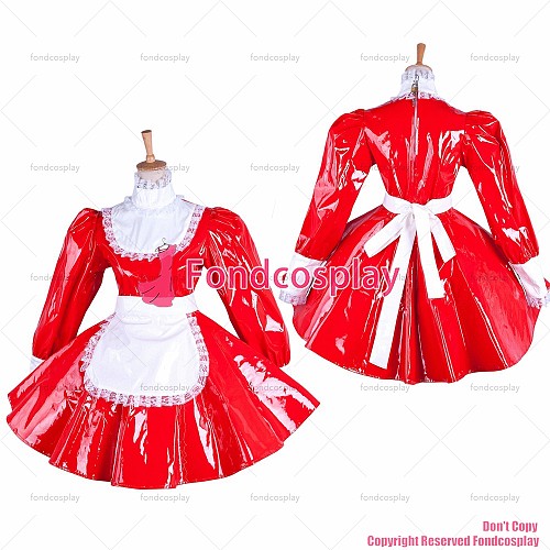 fondcosplay adult sexy cross dressing sissy maid short red heavy PVC lockable dress vinyl Uniform white apron CD/TV[G1544]