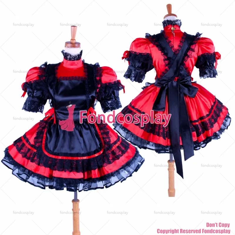 fondcosplay adult sexy cross dressing sissy maid short lockable red Satin dress Uniform black apron CD/TV[G1588]