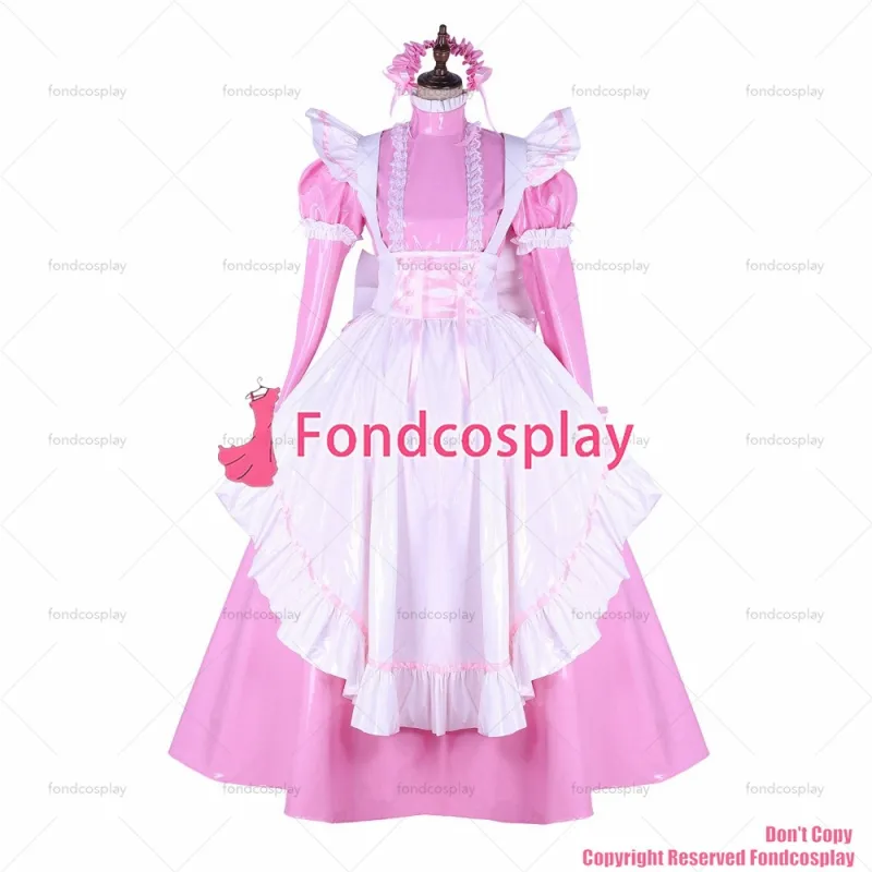 fondcosplay adult sexy cross dressing sissy maid lockable thin PVC dress pink Uniform white apron costume CD/TV[G1649]
