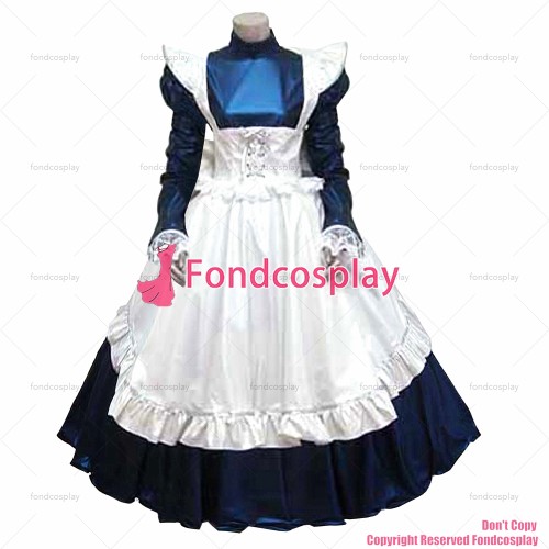 fondcosplay adult sexy cross dressing sissy maid long lockable Navy thin PVC Dress vinyl white apron Uniform CD/TV[G1637]