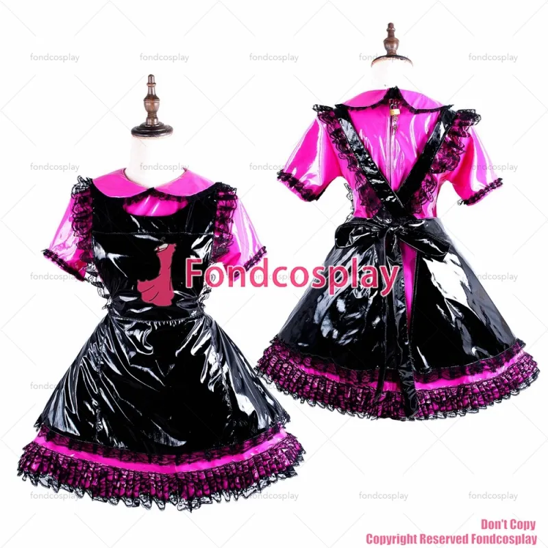 fondcosplay adult sexy cross dressing sissy maid hot pink thin PVC lockable dress vinyl Uniform black apron CD/TV [G1577]