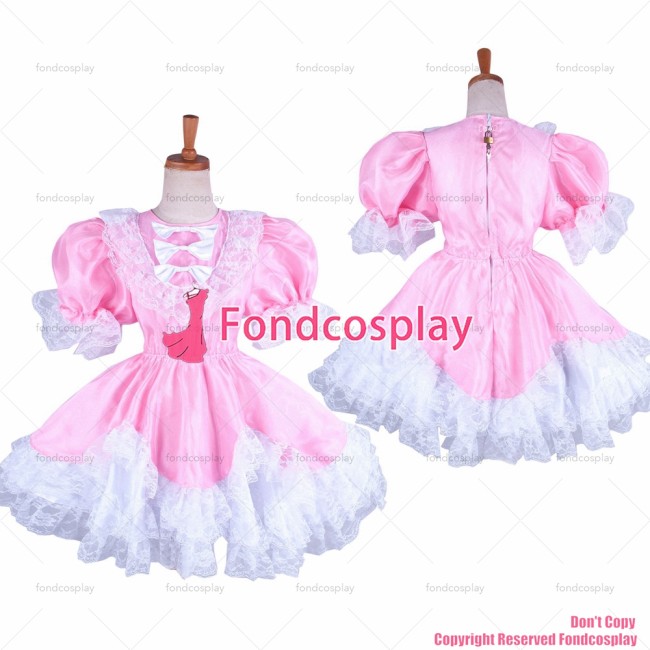 fondcosplay adult sexy cross dressing sissy maid short lockable baby pink organza satin dress Uniform CD/TV[G1479]