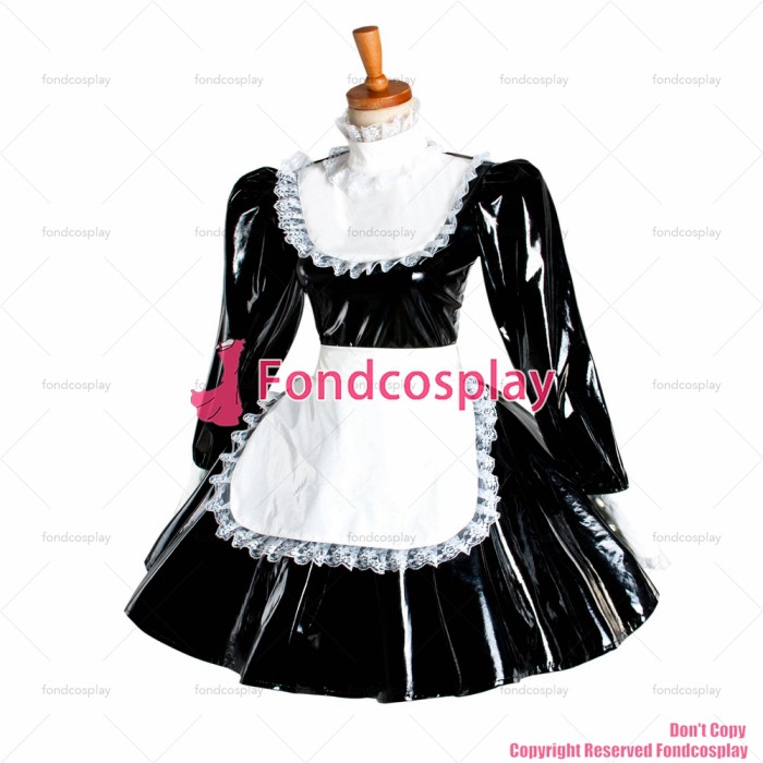 fondcosplay adult sexy cross dressing sissy maid short black heavy PVC lockable Dress vinyl white apron Uniform CD/TV[G1051]