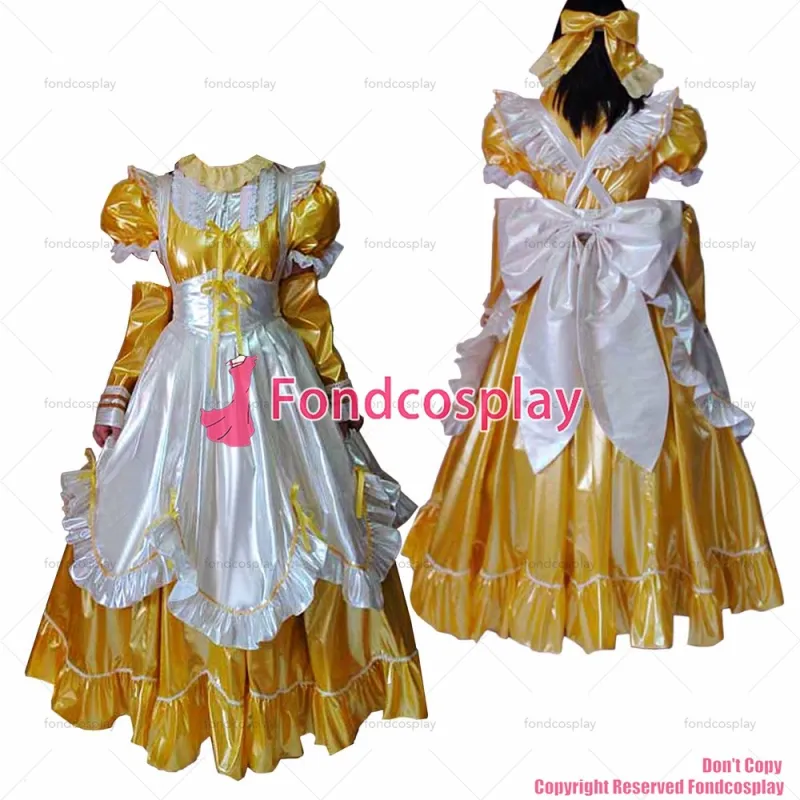 fondcosplay adult sexy cross dressing sissy maid lockable yellow thin PVC Dress vinyl white apron Uniform CD/TV[G1639]