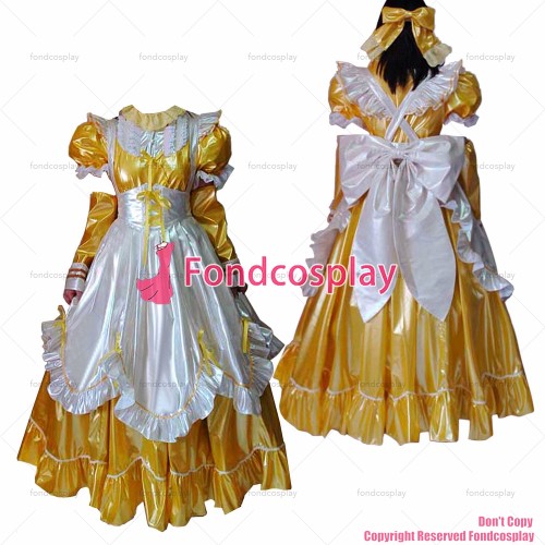 fondcosplay adult sexy cross dressing sissy maid lockable yellow thin PVC Dress vinyl white apron Uniform CD/TV[G1639]