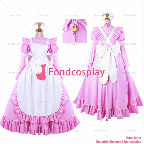 fondcosplay adult sexy cross dressing sissy maid long pink thin PVC lockable Dress vinyl white apron Uniform CD/TV[G1481]