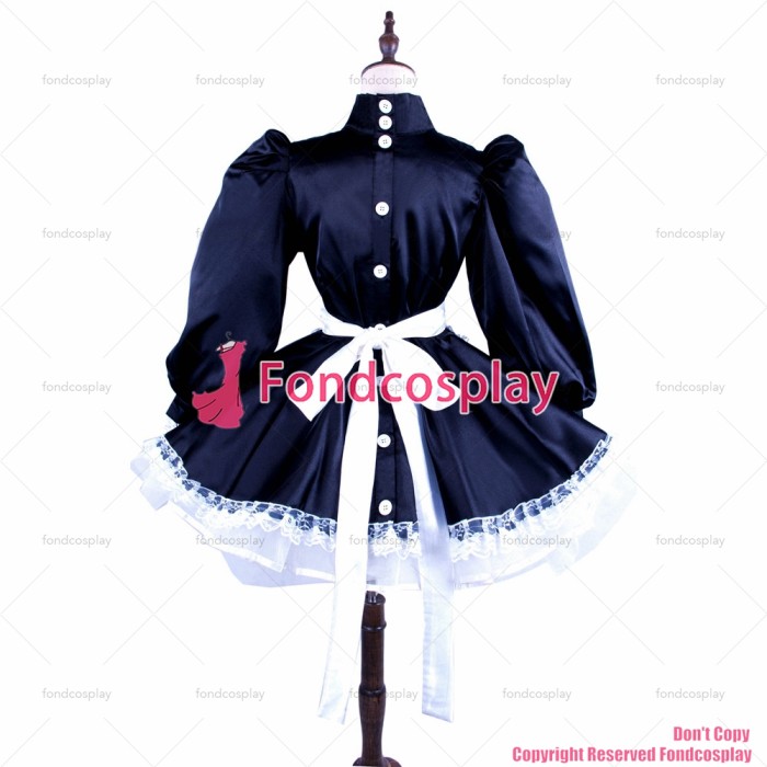 fondcosplay adult sexy cross dressing sissy maid short black Satin dress with buttons apron uniform CD/TV [G1560]