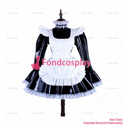 fondcosplay adult sexy cross dressing sissy maid short heavy PVC lockable Dress vinyl white apron Uniform CD/TV[G1486]