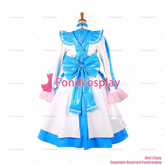 fondcosplay adult sexy cross dressing sissy maid long lockable blue thin PVC Dress maid vinyl Uniform apron CD/TV [G1622]