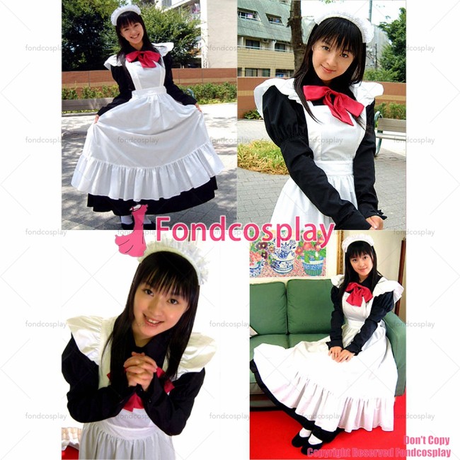 fondcosplay adult sexy cross dressing sissy maid long black Cotton Lockable Dress Uniform white apron Costume CD/TV[G1251]