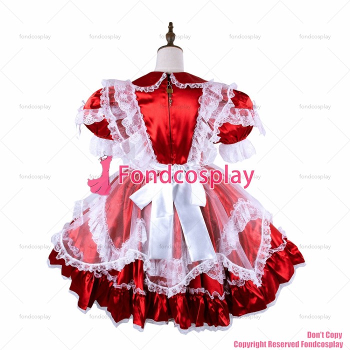 fondcosplay adult sexy cross dressing sissy maid short lockable red Satin dress white apron Peter Pan collar CD/TV[G1581]