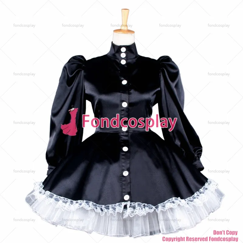 fondcosplay adult sexy cross dressing sissy maid short black Satin Buttons dress Uniform cosplay costume CD/TV[G1584]