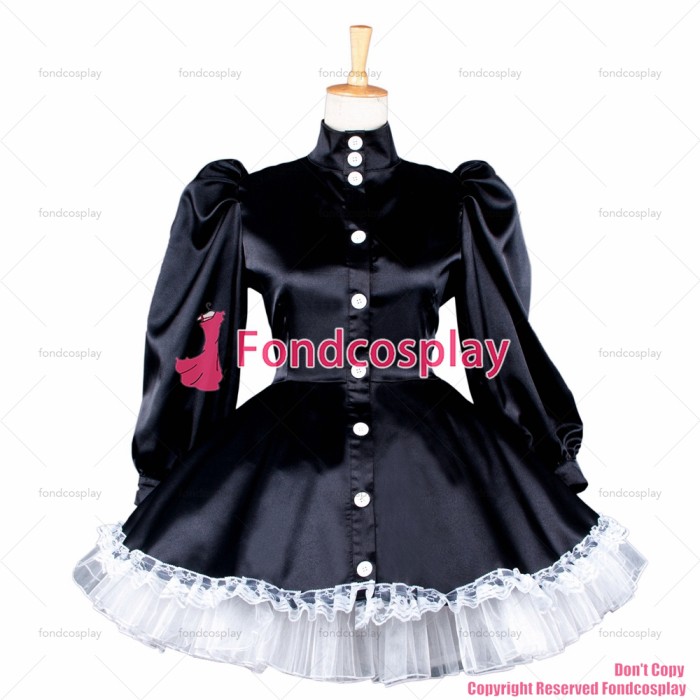 fondcosplay adult sexy cross dressing sissy maid short black Satin Buttons dress Uniform cosplay costume CD/TV[G1584]