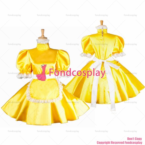 fondcosplay adult sexy cross dressing sissy maid short lockable yellow Satin dress Uniform apron costume CD/TV[G1566]