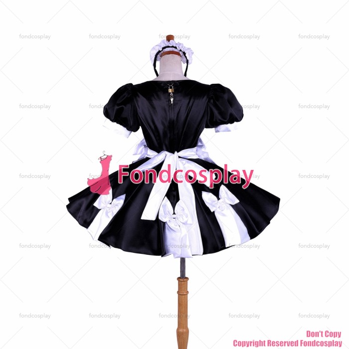 fondcosplay adult sexy cross dressing sissy maid nude breasted lockable black satin dress Uniform apron CD/TV[G1619]