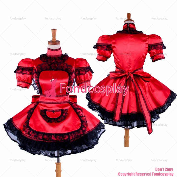 fondcosplay adult sexy cross dressing sissy maid short lockable red Satin dress Uniform apron costume CD/TV[G1587]