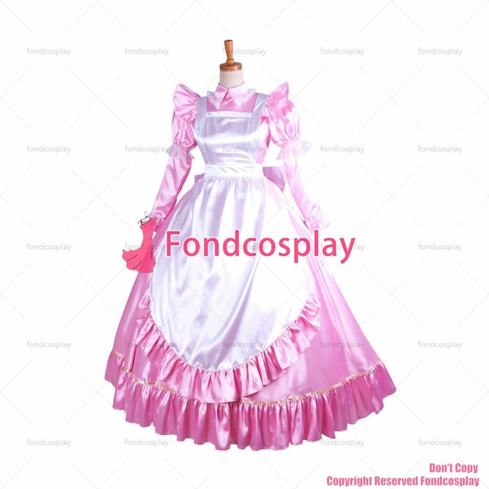 fondcosplay adult sexy cross dressing sissy maid long Satin baby Pink Dress Lockable Uniform white apron CD/TV[G1406]