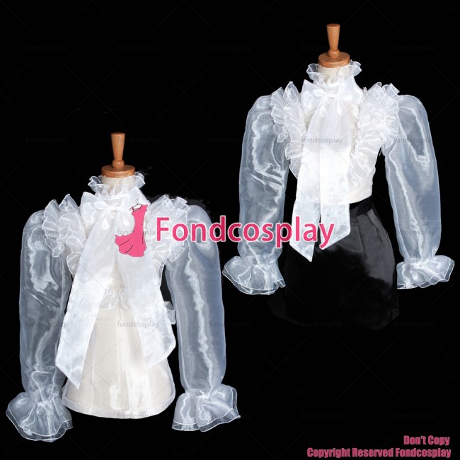 fondcosplay adult sexy cross dressing sissy maid short white Organza Blouse transparency lockable shirt CD/TV[G1626]